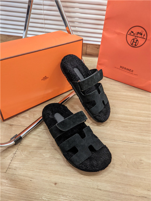 hermes lamb wool flat slippers