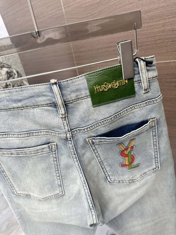 YSL Saint Laurent 2023 high-end custom jeans The latest fashion week catwalk style Primary color yeast washing process Select heavy denim denim fabric (cotton - Image 9