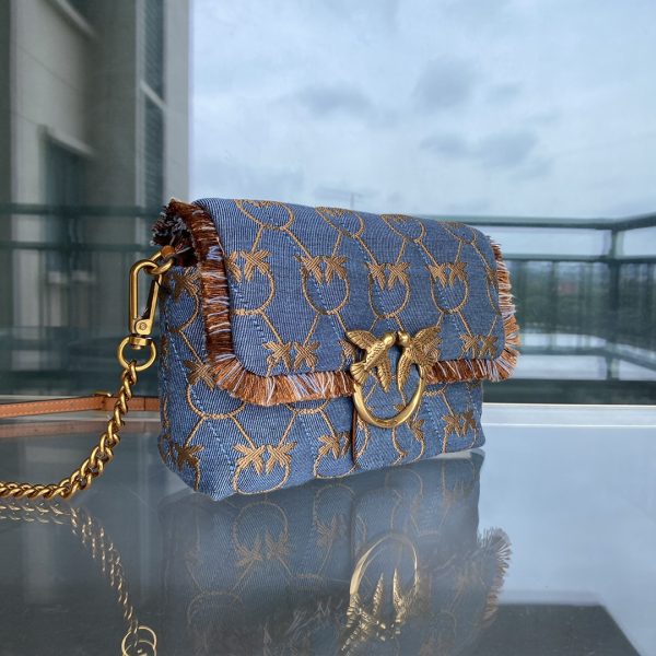 Pinko 2022 New Denim Denim Bag One-Shoulder Diagonal Flying Bird Underarm Bag Canvas Swallow Bag - Image 2
