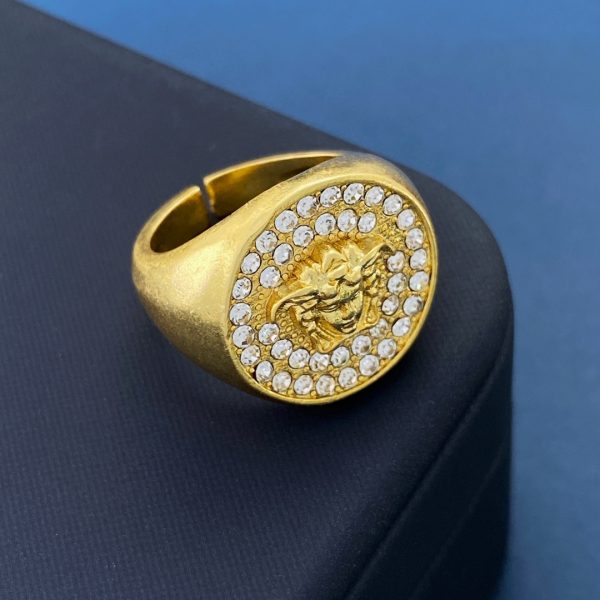 Versace White All-Diamond Medusa Human-Face Paper-Patterned Round Disc Matte Open Ring - Image 3